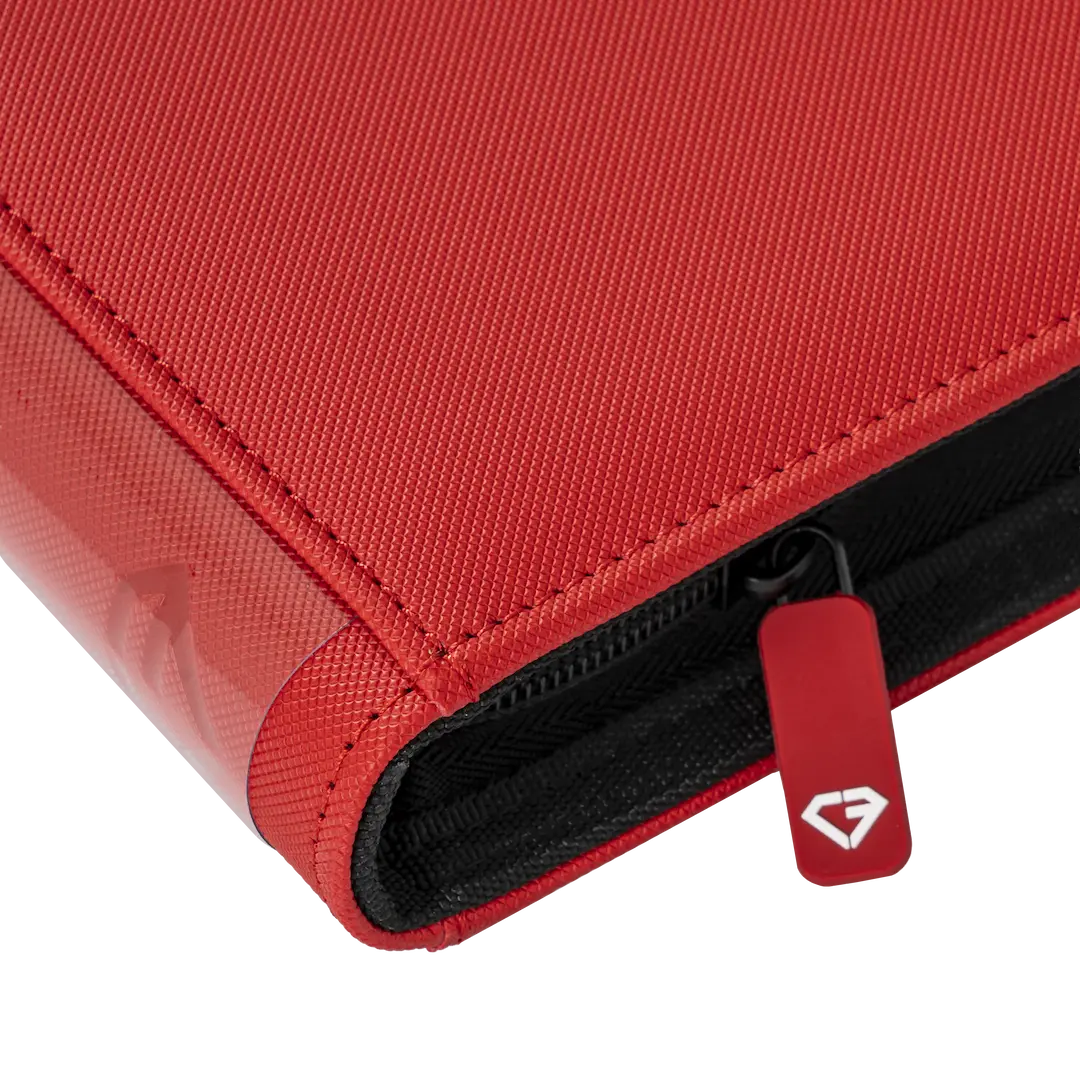 9-Pocket-Kartenbinder Rot, Nahaufnahme mit robustem Reißverschluss und hochwertigem roten Stoff.
