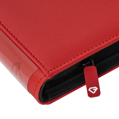 9-Pocket-Kartenbinder Rot, Nahaufnahme mit robustem Reißverschluss und hochwertigem roten Stoff.