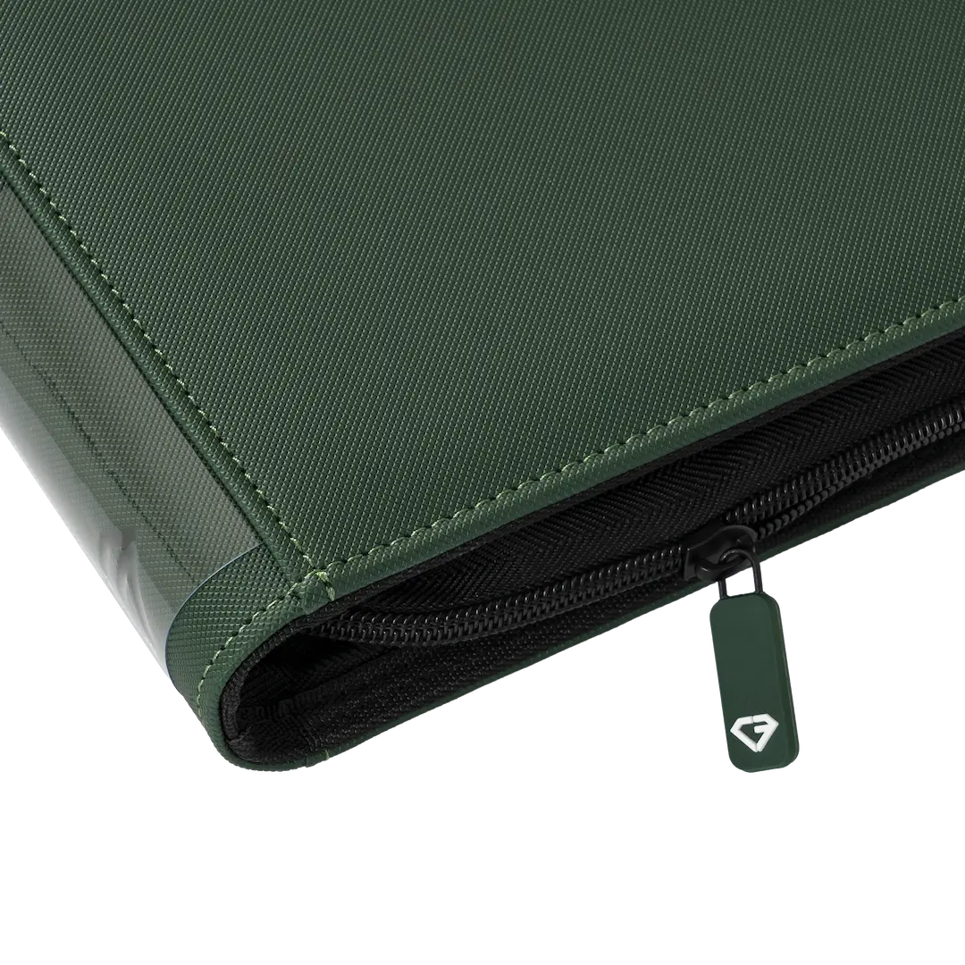 9-Pocket Toploader Card Binder Groen close-up van de rits en duurzame textuur.