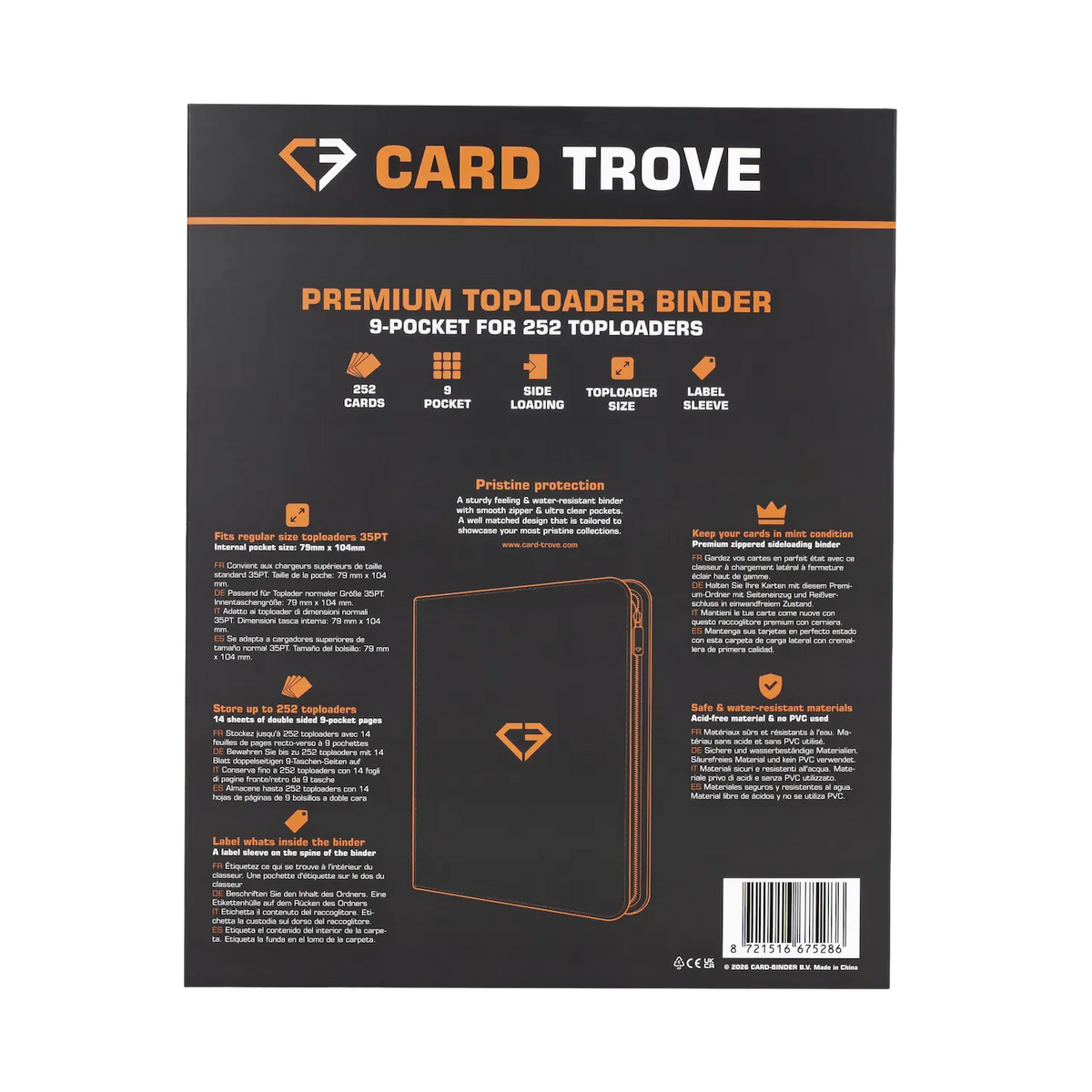 9 Pocket Toploader Card Binder back cover design with details and features for storing 252 standard toploaders.