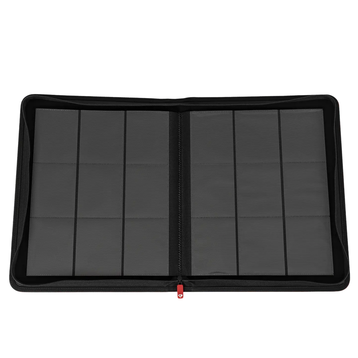 9-Pocket Toploader Card Binder Red with ultra clear compartments and smooth zipper for card storage.