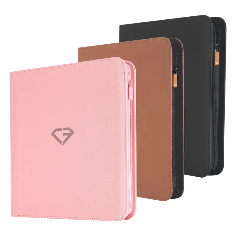 Three stylish zippered binders in pink, brown, and black, showcasing a modern logo on the front.