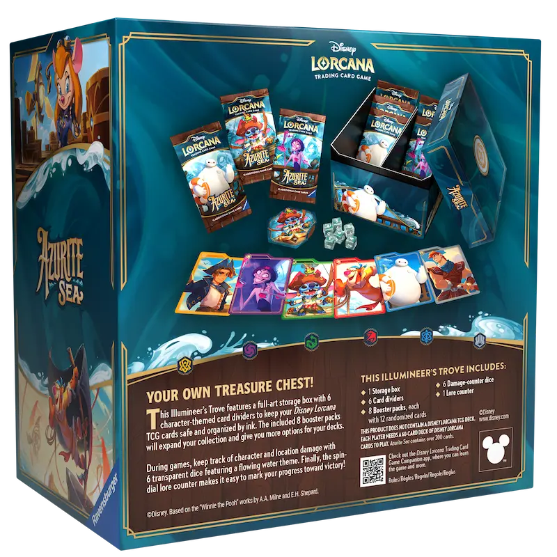 Azurite Sea Illumineer's Trove box showcasing Disney Lorcana trading card game contents and treasure chest features.