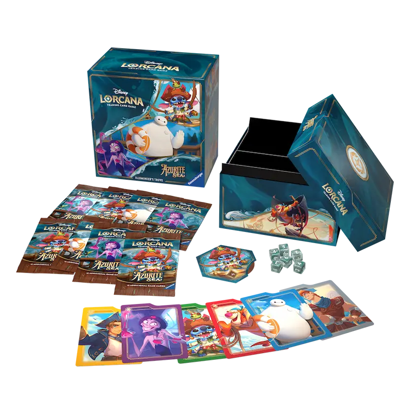 Azurite Sea Illumineer's Trove featuring game cards and collectible box from Disney Lorcana.