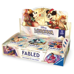 "Boîte d'extension Disney Lorcana Fabled avec 12 paquets de cartes à collectionner, idéale pour le jeu et la construction de decks."