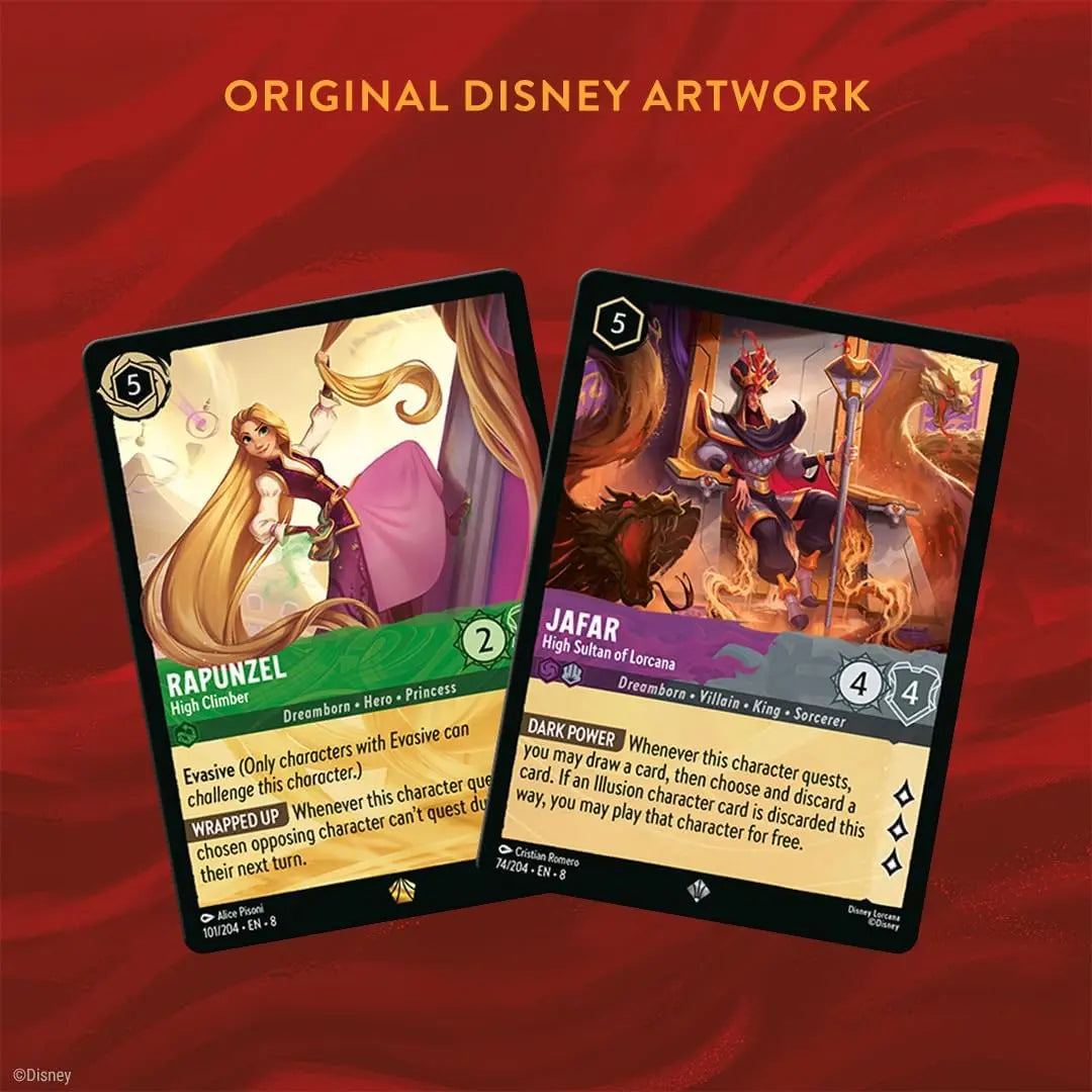 Boîte Reign of Jafar (en direct) avec des cartes de personnages originales de Jafar et Raiponce de Disney.