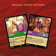 Boîte Reign of Jafar (en direct) avec des cartes de personnages originales de Jafar et Raiponce de Disney.