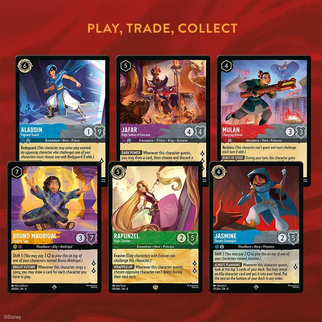 Image présentant les cartes de personnages de la boîte Reign of Jafar (en direct), incluant Aladdin, Jafar, Mulan, et plus encore.