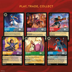 Image présentant les cartes de personnages de la boîte Reign of Jafar (en direct), incluant Aladdin, Jafar, Mulan, et plus encore.
