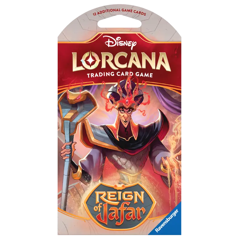 Booster à manches Reign of Jafar mettant en vedette Jafar de Disney Lorcana avec 12 cartes de jeu supplémentaires.