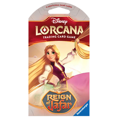 "Disney Lorcana trading card game box met Reign of Jafar, geïllustreerd met een personage dat een toverstaf vasthoudt."