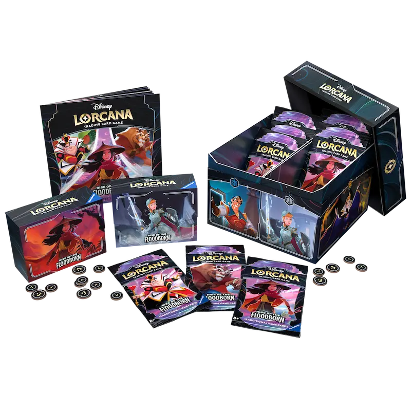 Rise of the Floodborn Illumineer's Trove mit Booster-Packs und Sammelkarten von Disney Lorcana.