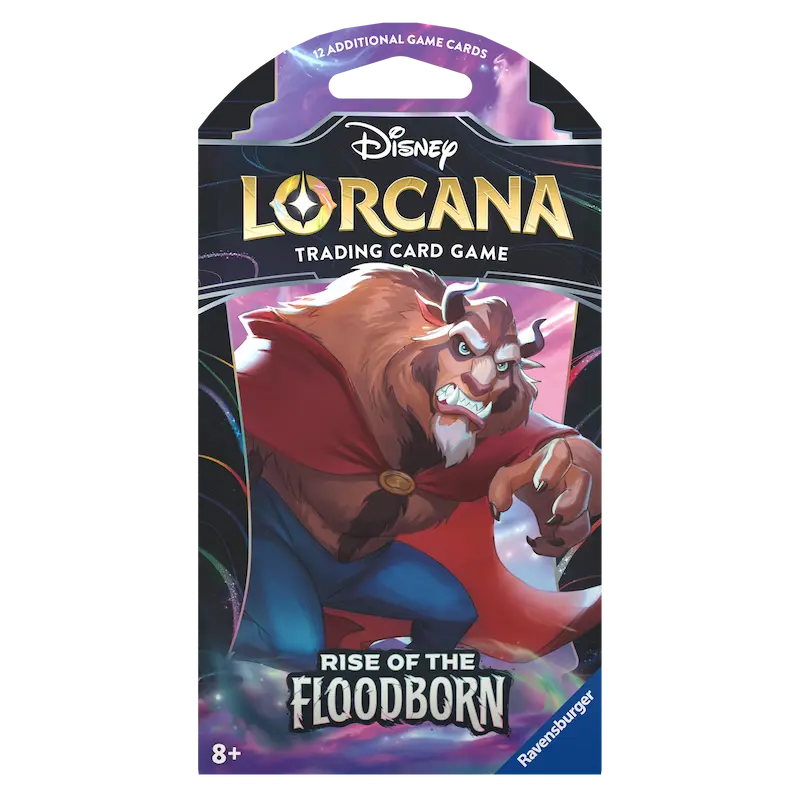 Rise of the Floodborn Booster-Pack mit Kartenhülle für das Disney Lorcana Sammelkartenspiel mit Charakter-Artwork.