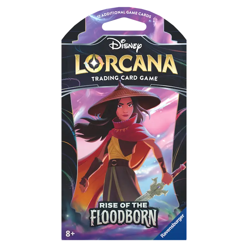 Rise of the Floodborn Boosterpack mit Hüllen mit Charakteren aus dem Disney Lorcana Sammelkartenspiel.