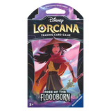 Rise of the Floodborn Boosterpack mit Hüllen mit Charakteren aus dem Disney Lorcana Sammelkartenspiel.