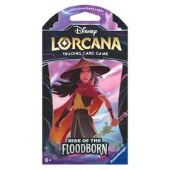 Rise of the Floodborn Boosterpack mit Hüllen mit Charakteren aus dem Disney Lorcana Sammelkartenspiel.