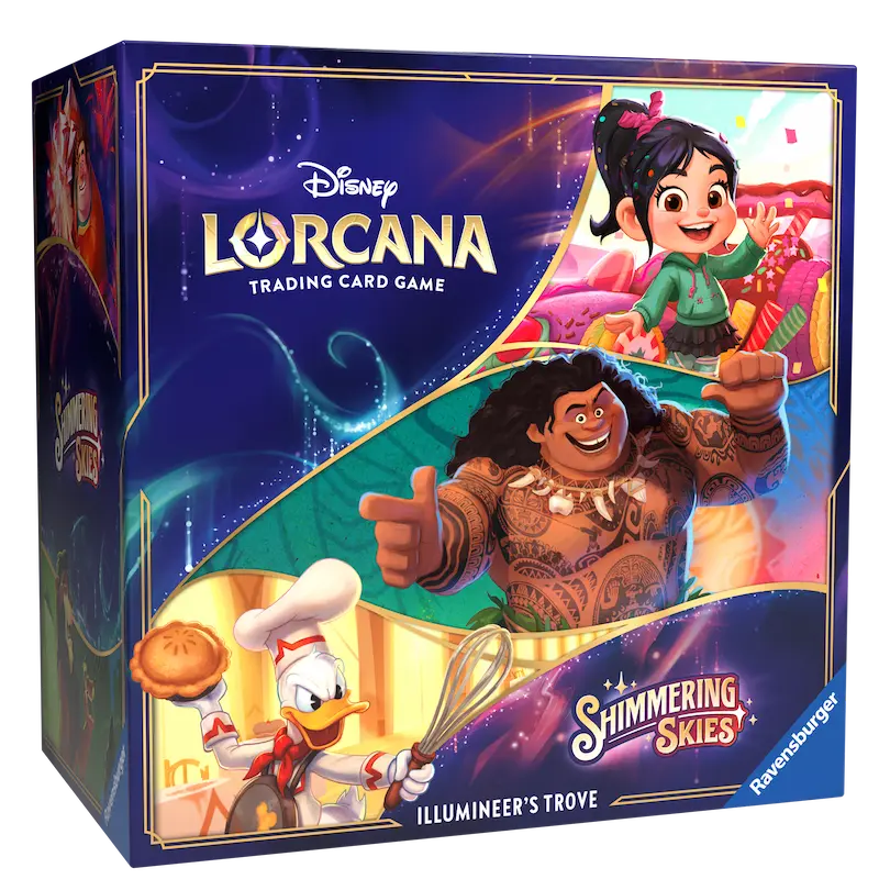 Shimmering Skies Illumineer's Trove Disney Lorcana trading card game booster box set with Disney characters.