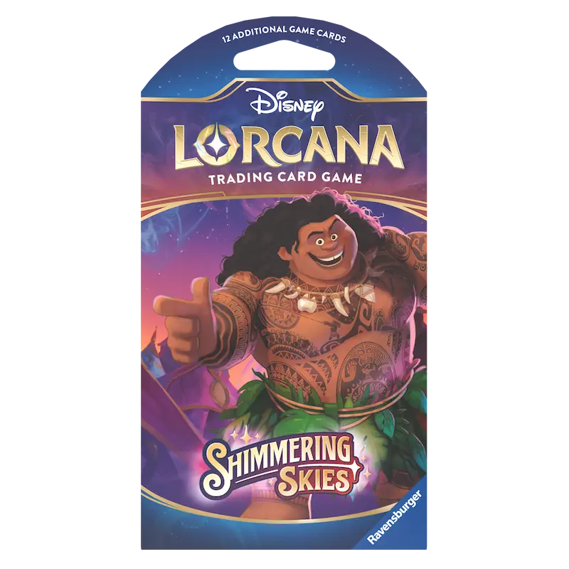 Shimmering Skies Sleeved Booster pack from Disney Lorcana featuring character art and game details.