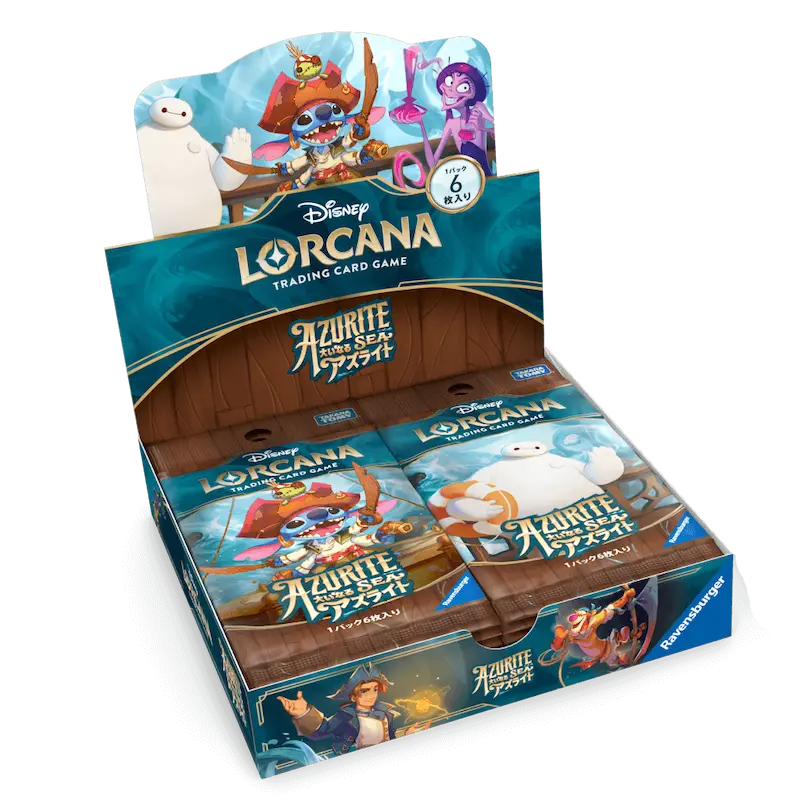 Azurite Sea Japanese Booster Box display featuring Disney Lorcana trading cards and characters.