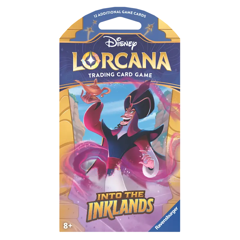 Into the Inklands Sleeved Booster von Disney Lorcana mit einer bunten Figur und dem Spiel-Logo.