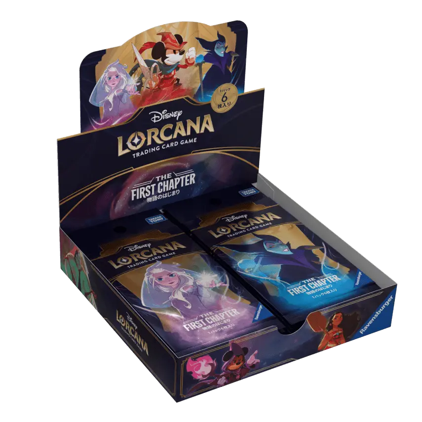 Die erste japanische Booster-Box des Kapitels mit Disney Lorcana Sammelkarten-Display mit mehreren Boostern.