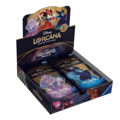 Die erste japanische Booster-Box des Kapitels mit Disney Lorcana Sammelkarten-Display mit mehreren Boostern.