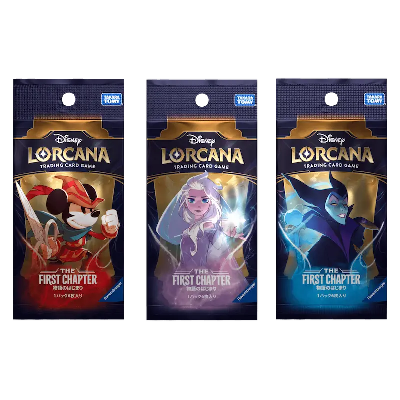 Das erste Kapitel Japanese Booster Pack mit Disney Lorcana Sammelkarten mit Charakteren wie Micky, Elsa und Malefiz.