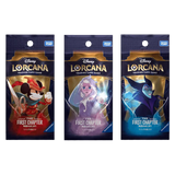 Das erste Kapitel Japanese Booster Pack mit Disney Lorcana Sammelkarten mit Charakteren wie Micky, Elsa und Malefiz.