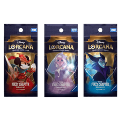 Das erste Kapitel Japanese Booster Pack mit Disney Lorcana Sammelkarten mit Charakteren wie Micky, Elsa und Malefiz.