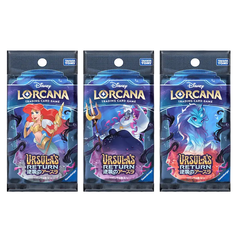 "Ursula's Return Japanse Booster Pack met personages uit Disney's Lorcana trading card game."