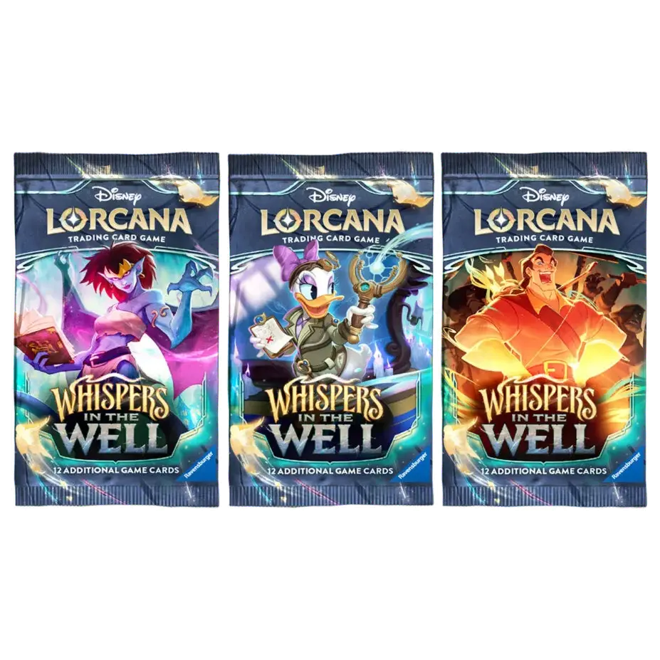 Three booster packs featuring Whispers in the Well Booster Pack for Disney Lorcana with vibrant artwork.