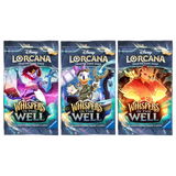 Drei Booster-Packs mit dem "Whispers in the Well"-Booster-Pack für Disney Lorcana mit lebendigen Illustrationen.