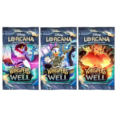 Drei Booster-Packs mit dem "Whispers in the Well"-Booster-Pack für Disney Lorcana mit lebendigen Illustrationen.