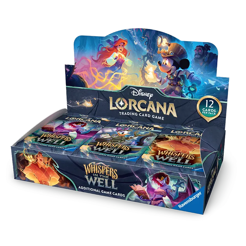 Whispers in the Well Booster Box featuring Disney Lorcana Trading Card Game with 12 cards per pack.