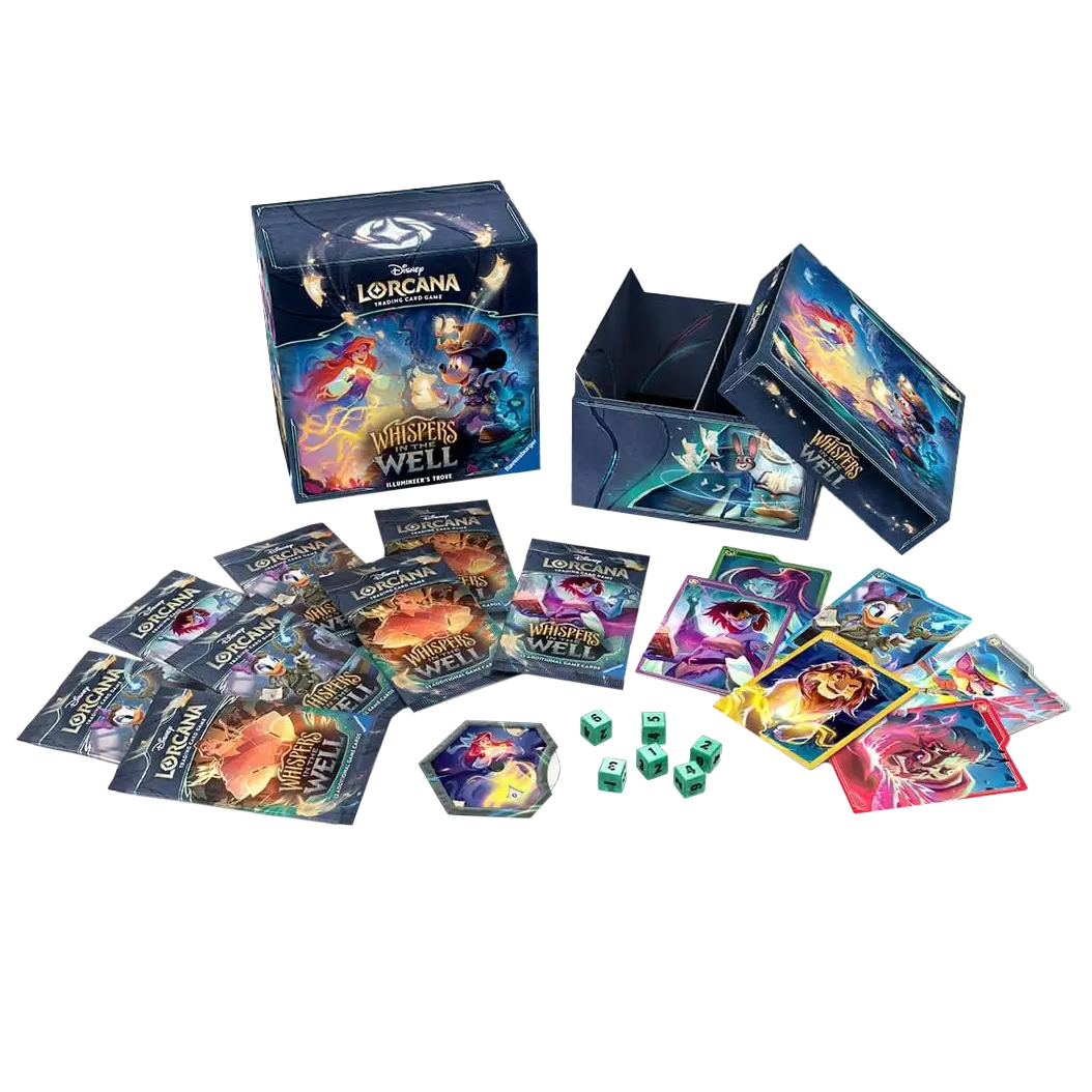 Whispers in the Well Illumineer's Trove, featuring booster packs, cards, and deluxe storage box.