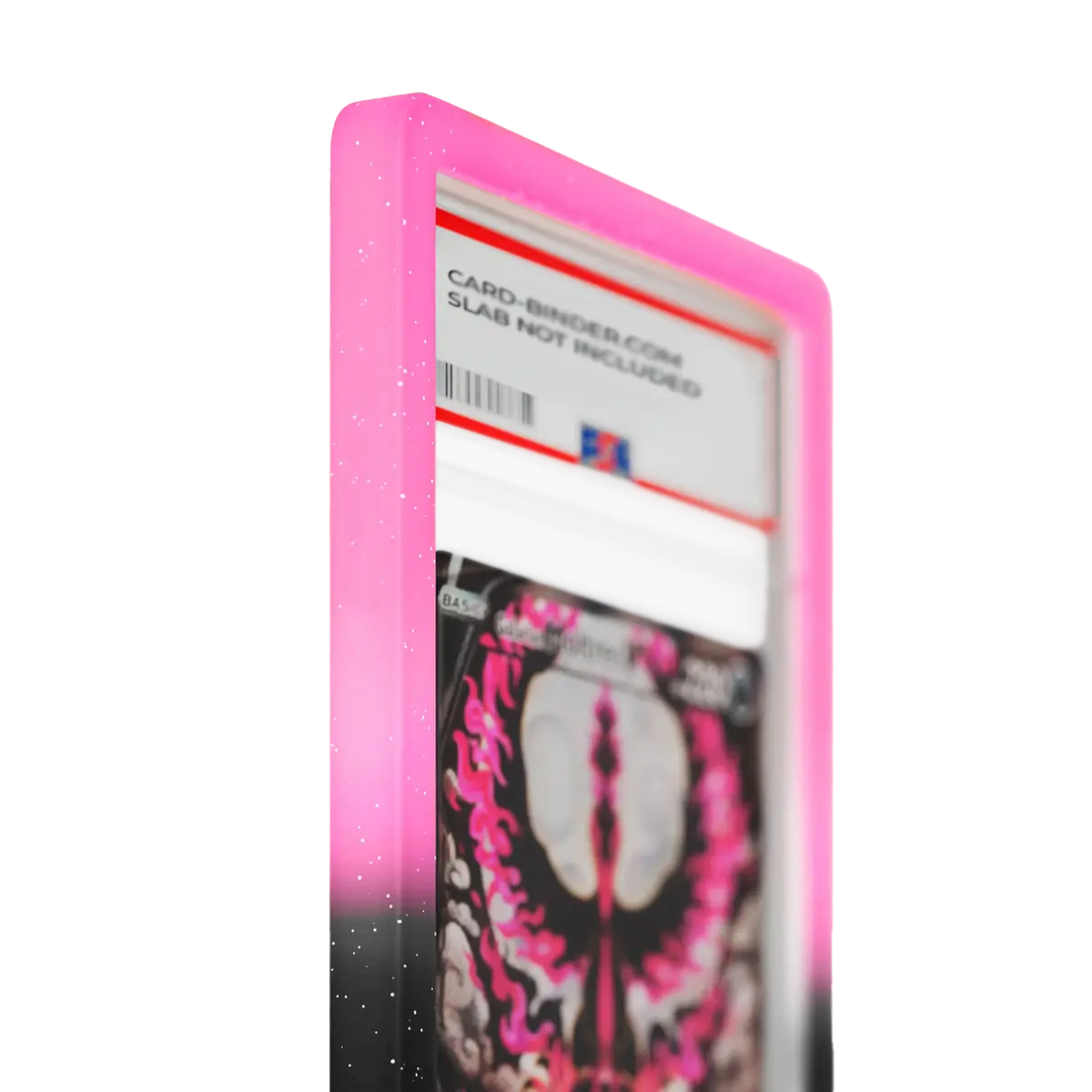 PSA Slab Guard - Eclipse in black and pink gradient protecting a card slab, showcasing its vibrant design and sparkle.
