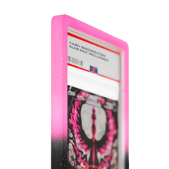 PSA Slab Guard - Eclipse in black and pink gradient protecting a card slab, showcasing its vibrant design and sparkle.