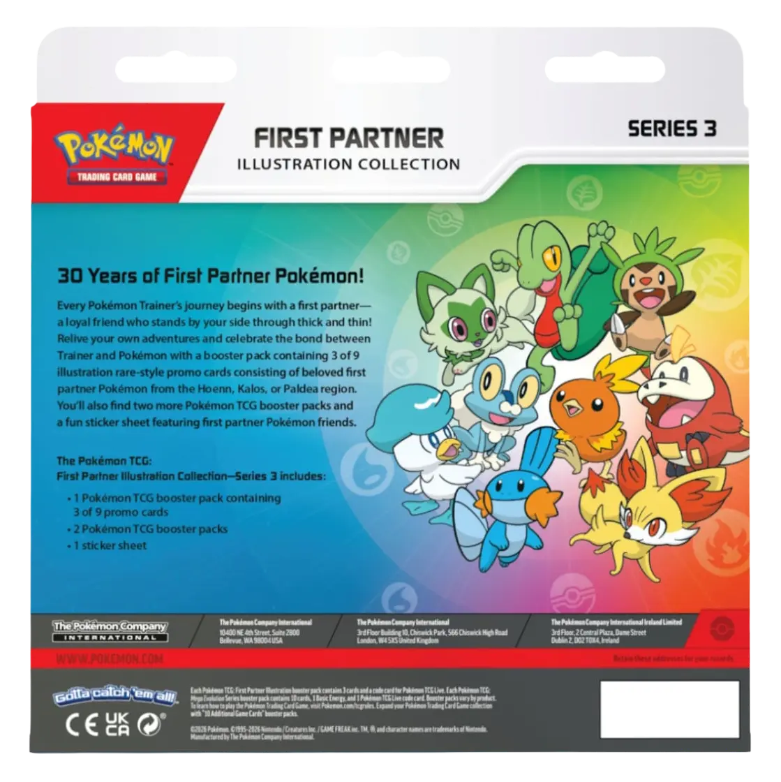 Illustration de la collection First Partner, série 3, emballage de cartes Pokémon TCG avec des Pokémon de départ nostalgiques.