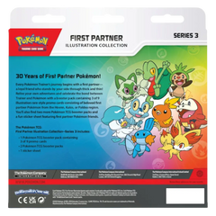 Illustration de la collection First Partner, série 3, emballage de cartes Pokémon TCG avec des Pokémon de départ nostalgiques.