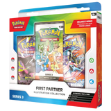 Packaging de la collection d'illustrations First Partner Série 3 avec paquets de cartes à collectionner et cartes promotionnelles.