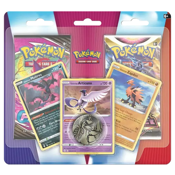 Pokémon Trading Card Game pack featuring Galaria Articuno, Moltres, and Zapdos cards in vibrant packaging.