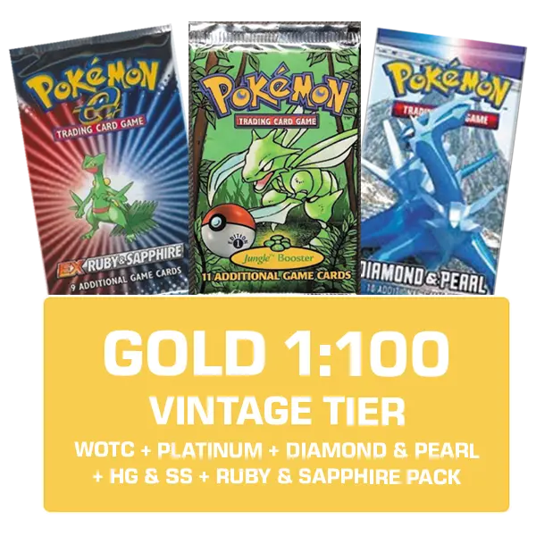 Vintage Pokémon card packs: Ruby & Sapphire, Jungle, Diamond & Pearl, in Gold 1:100 Vintage Tier.