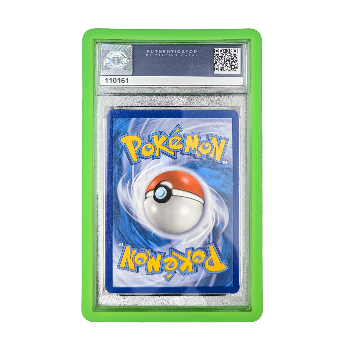 PSA Slab Bumper - Groen dat een Pokemon-kaart beschermt in een doorzichtige, ingelijste kaarthoes.
