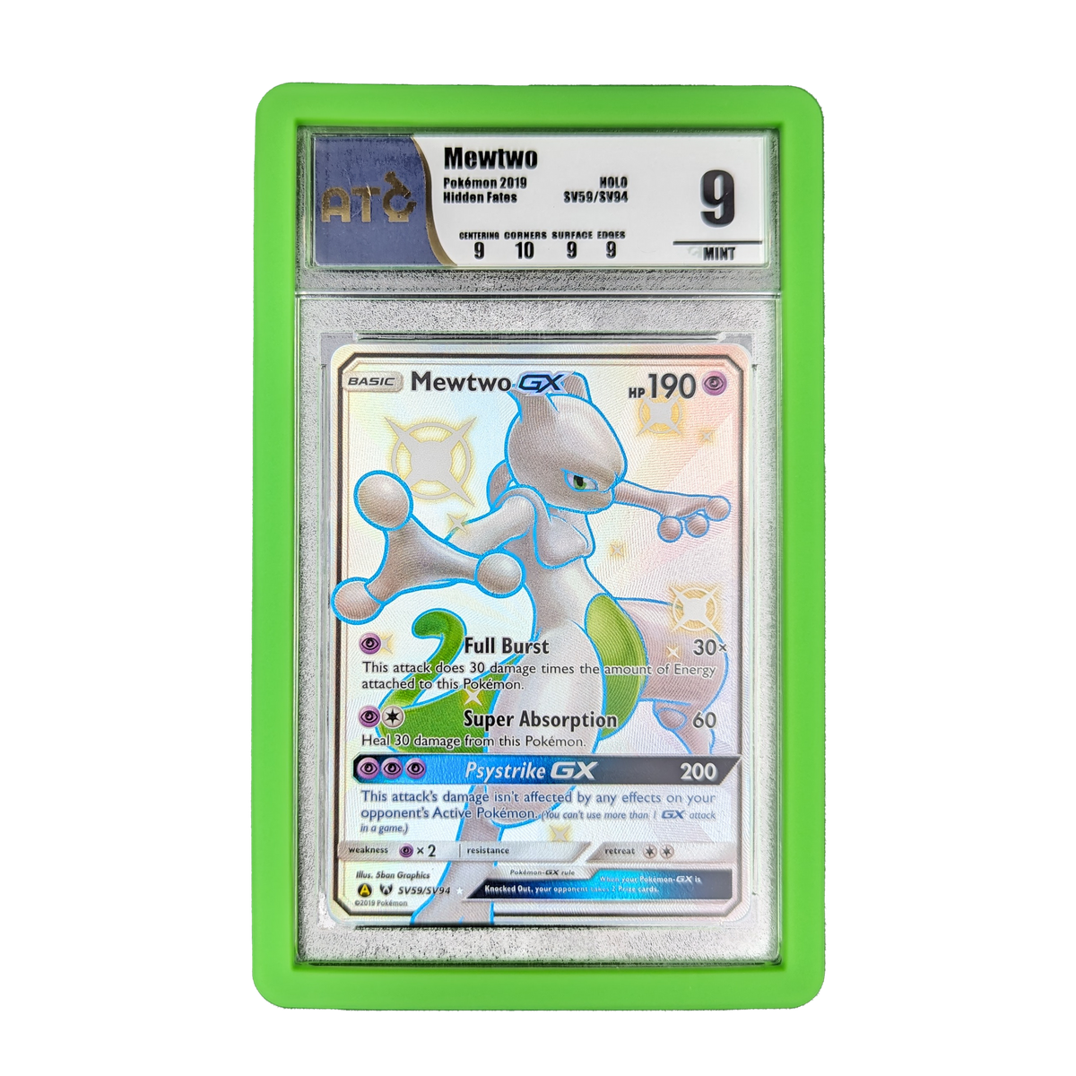 PSA Slab Bumper - Green for Mewtwo graded card, ensuring protection and a stylish display.