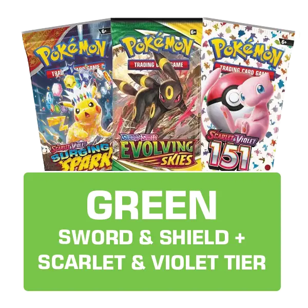 Pokémon trading cards featuring Sword & Shield and Scarlet & Violet tiers, with colorful packaging.