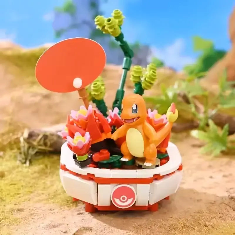 Keeppley Pokémon Bonsai 1.0 Kanto Charmander building set with vibrant flowers and Poké Ball base.