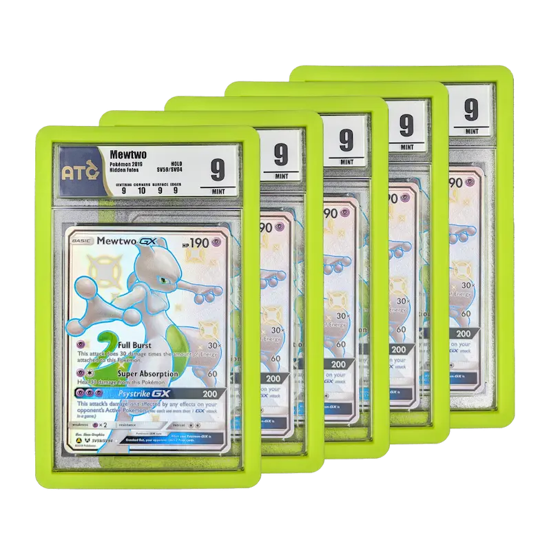 PSA Slab Bumper - Light green protecting Mewtwo GX graded cards in mint condition.