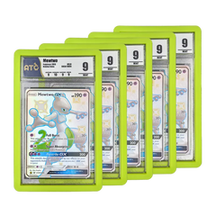 PSA Slab Bumper - Light green protecting Mewtwo GX graded cards in mint condition.