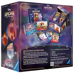 "De Eerste Hoofdstuk Illumineer's Trove met boosterpakketten en starterdeck uit Disney's Lorcana ruilkaartspel."