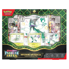 "Meowscarada EX Premium Collection met glimmende Pokémonkaarten uit Pokémon TCG SV04.5 Paldean Fates."
